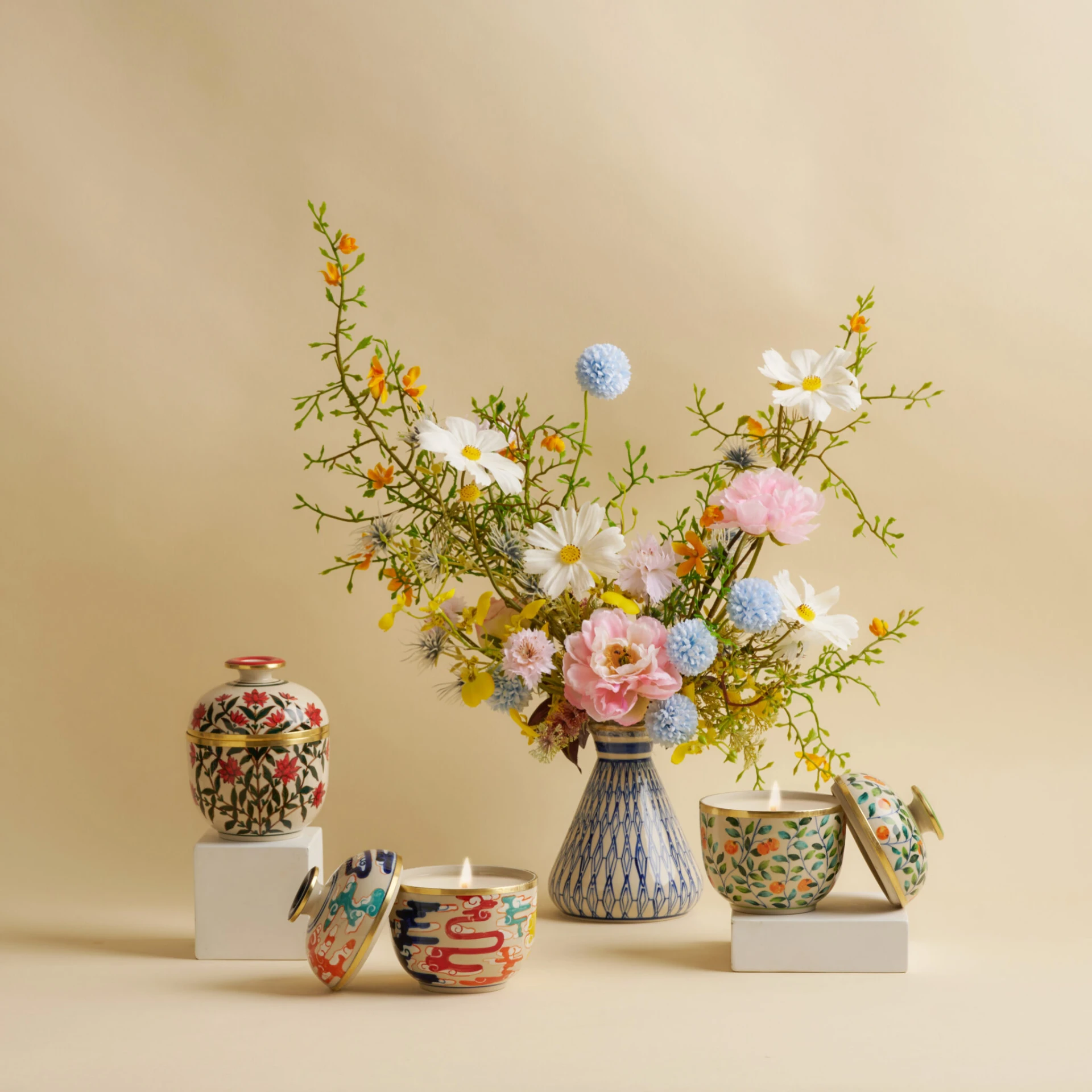 Hand-painted Ceramic Candles with Thai motifs